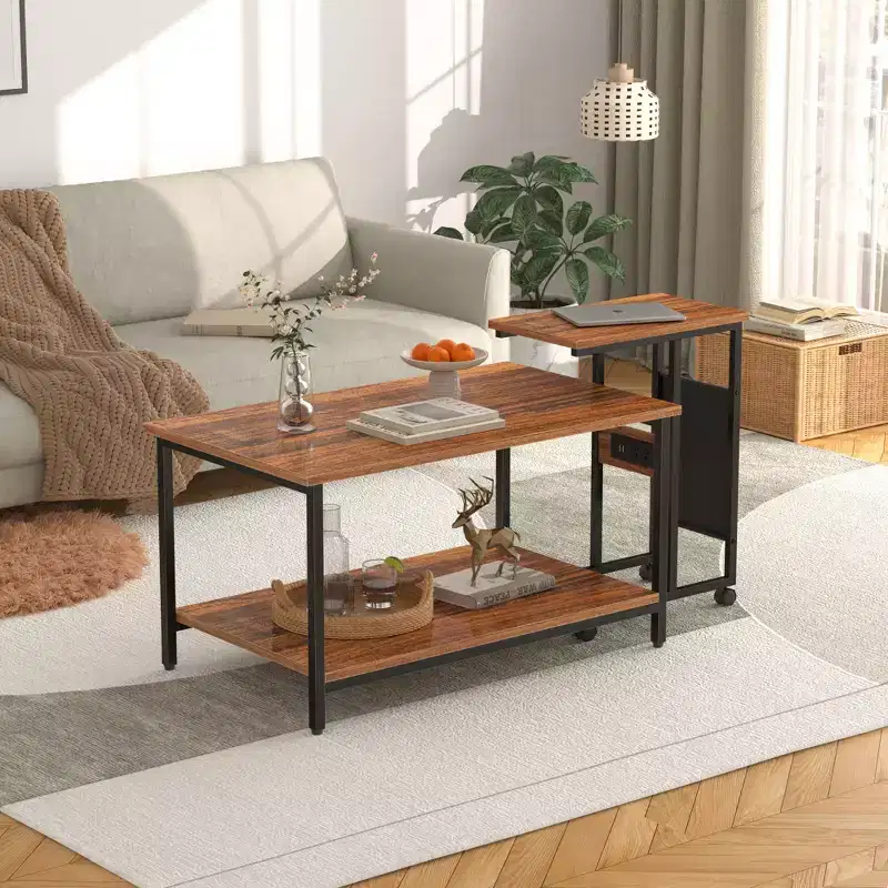 VECELO Nesting Coffee Table Set of 2, Adjustable Tables for Living Room, Nesting Table Set with USB Ports & Wheels, Brown