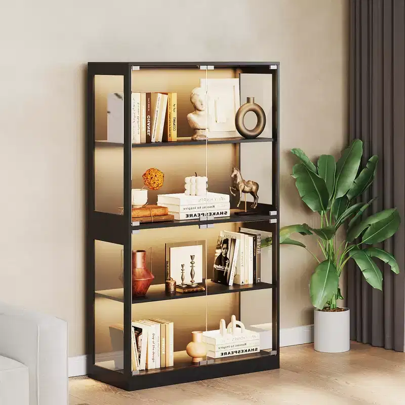 GustoWave 4-Tier Glass Display Cabinet, Black Curio Cabinet with Glass Doors, Storage Shelf for Collectibles, Living Room