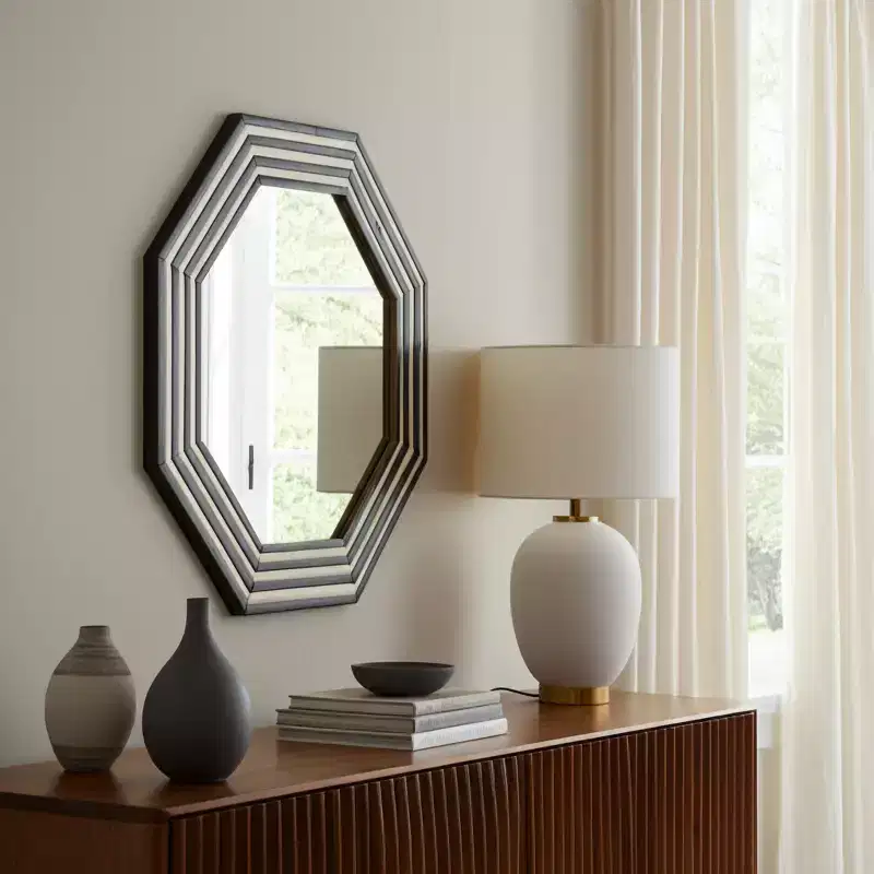 Modern Decorative Accent Mirror Resin Wood MDF Glass Octagonal Striped Frame 24 Black and White for Home Office Bedroom Living Room