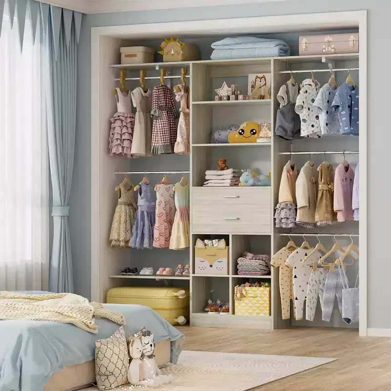 Besiost 5FT Closet Organizer with Wood Drawers and Cubbies, Small Closet System with 5 Hanging Rods
