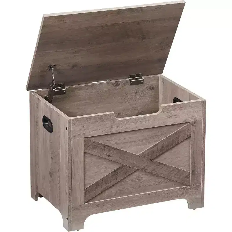 Brown Wooden Storage Bench with Safety Hinge, Single-Seat Organizer with Side Handles