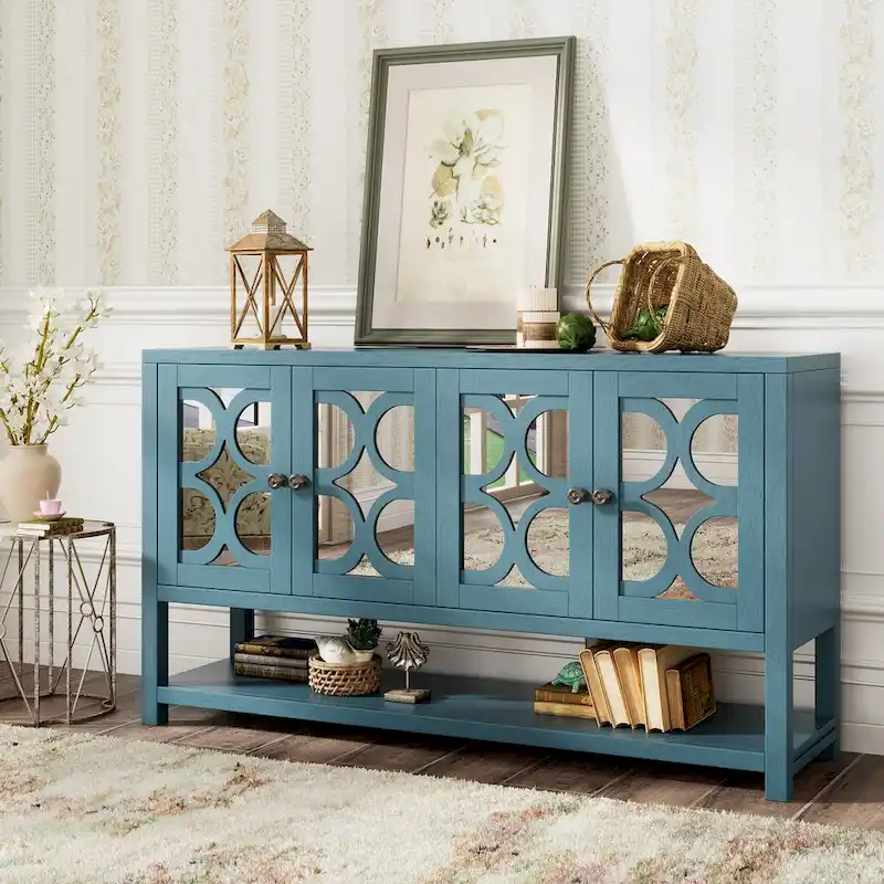 Espresso / Antique White / Antique Navy Retro 4-Door Sideboard with Mirrored Panels & Open Shelf
