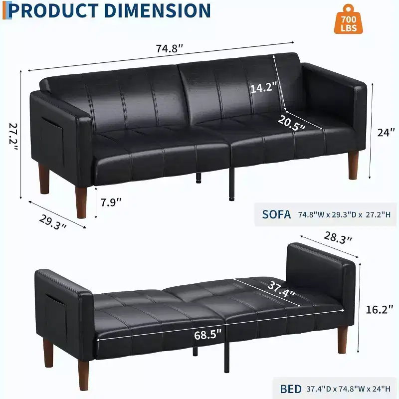 75-Inch Modern Faux Leather Futon Sofa Bed, Mid-Century Loveseat for Small Space, Living Room & Bedroom
