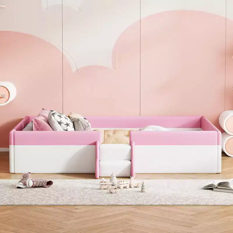 Twin/Full/Queen Size Floor Daybed Frame with Fence and Stairs, PU Upholstered Floor Bedframe for Girls Boys for Living Room