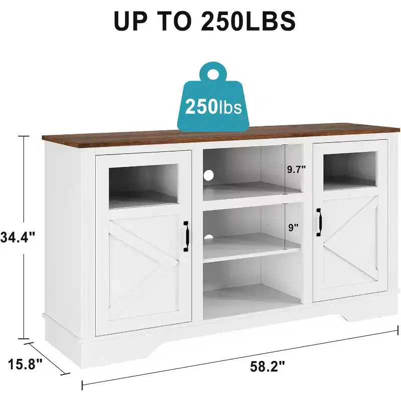 Farmhouse TV Stand with LED Lights, Elegant Entertainment Center for 65 Inch TVs, with Storage Cabinets and Open Shelves