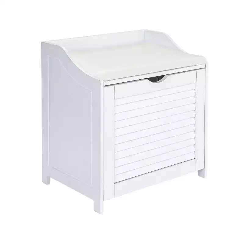 Household Essentials Design Trends Bench Hamper with Shutter Front and Foam Cushion White: Clothes Hamper with Lid, Removable Liner