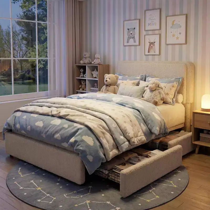 Teddy Fleece Twin Size Bed Frame, Cloud Cream Bed Frame with 2 Storage Drawer and Adjustable Headboard, No Box Spring Required, Cream