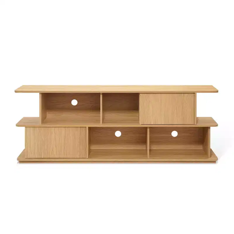 Compact 2-Layer TV Stand, Mixed Storage Console with Cabinets and Open Shelves Brown