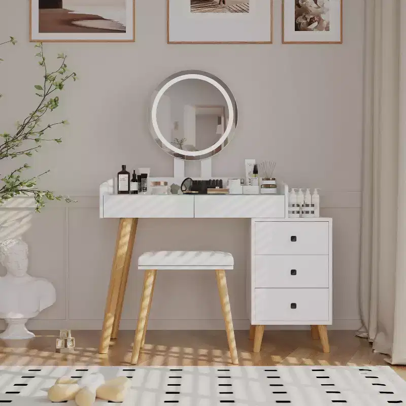 Okak Modern Vanity Desk with LED Mirror, Makeup Vanity with Extendable Design and 1 Stool, Girls Vanity for Bedroom, Living Room, White