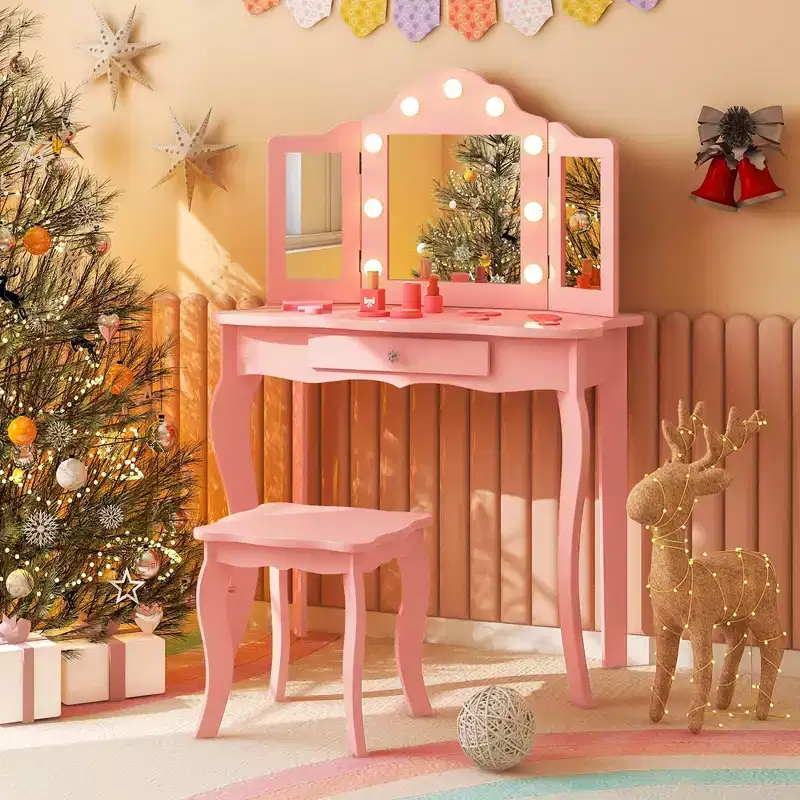 Costway Kid Vanity Table Stool Set Tri-Folding Mirror Adjustable 3-Color LED Lights Pink/White