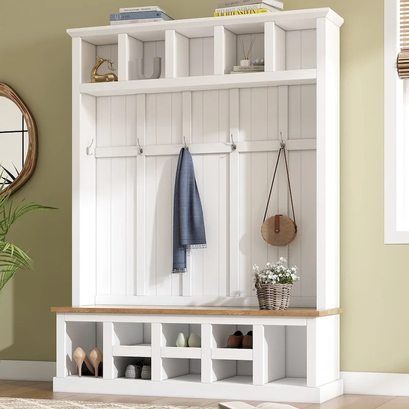 78H Modern Hall Tree with Wide Storage Seating Bench,Entryway Shoe Cabinet with 13 Compartments,Elegant Coat Rack with 6 Hooks