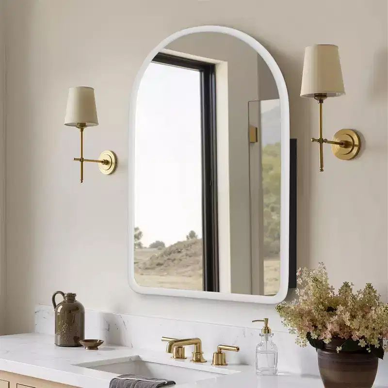 35.8 x 24 Arched White Bathroom Medicine Cabinet with Mirror, Wooden Framed Wall Mounted Recessed Cabinet with 2 Shelves