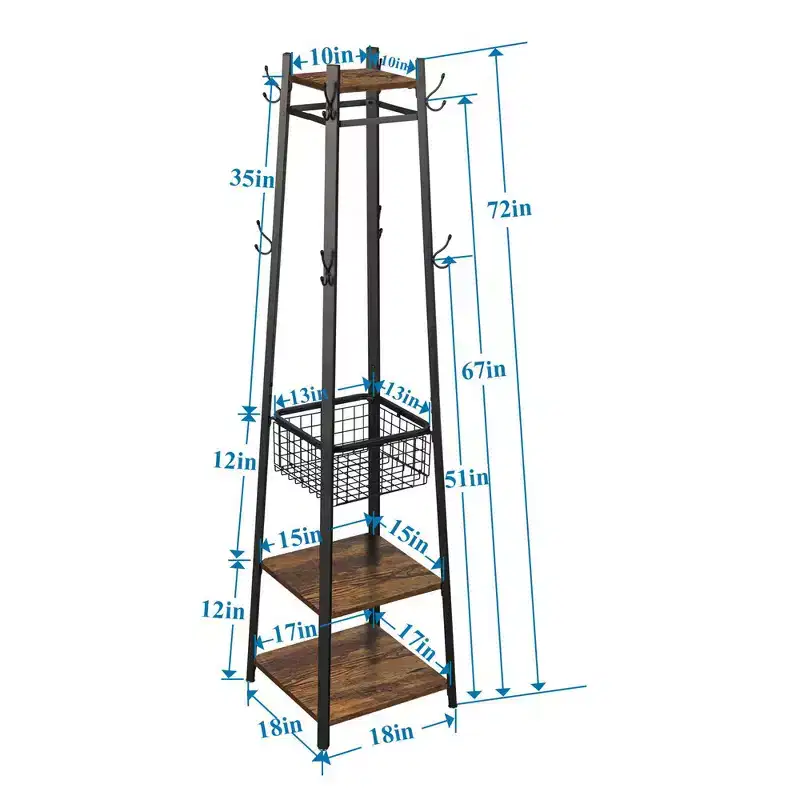 Industrial Freestanding Coat Rack Hall Tree, 3 Shelves, Metal Basket & 8 Dual Hooks
