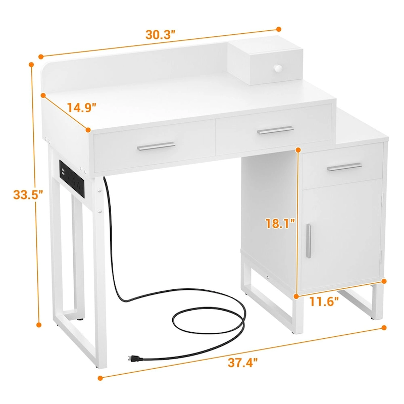 Reversible Makeup Vanity Desk With Charging Station and 4 Wooden Drawers and 1 Cabinet - N/A