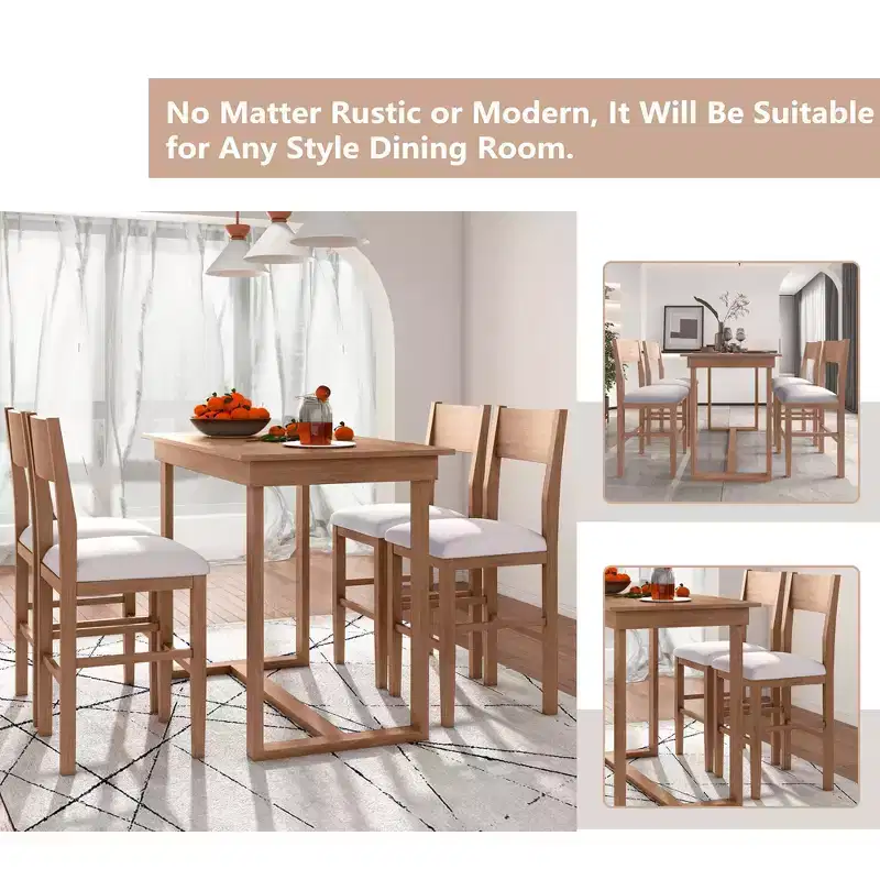 5 Pieces Counter Height Dining Set for 4, Farmhouse Wooden Bar Table Set with 4 Upholstered Chairs for Small Places