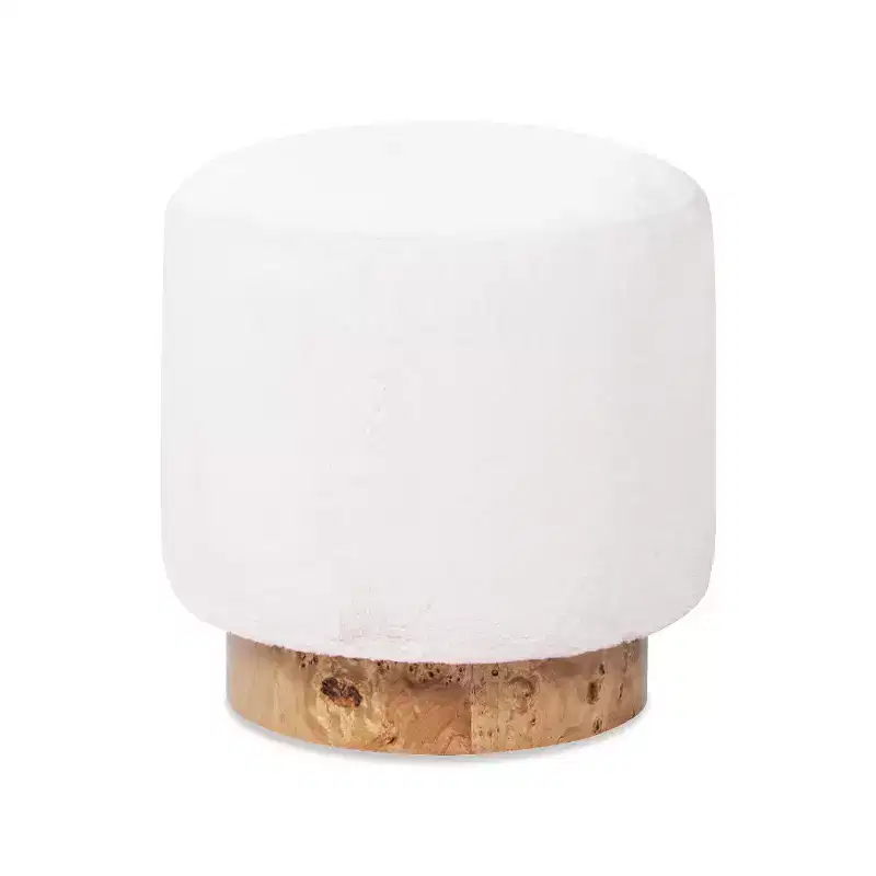 Round Fur Upholstered & Burl Pouf Ottoman – White Faux Fur