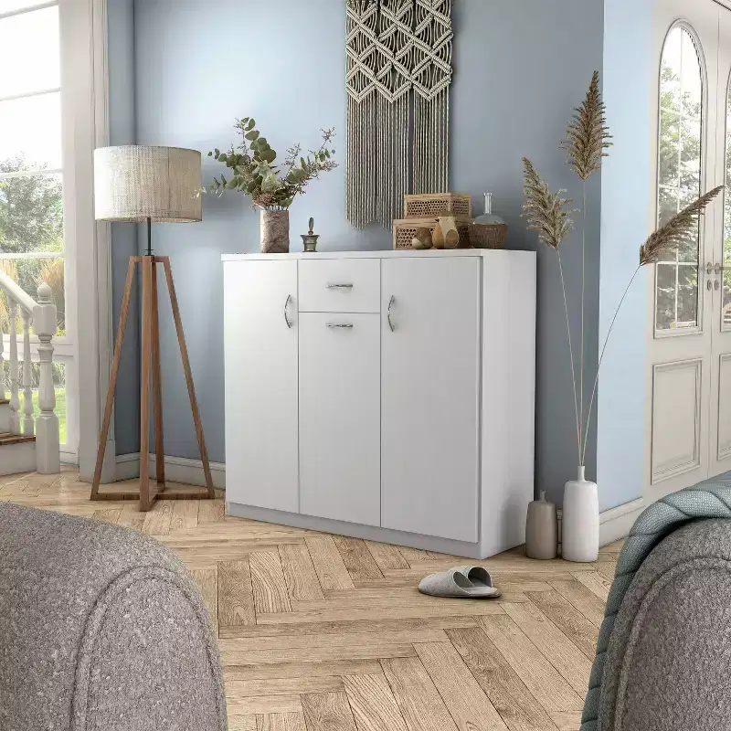 Modern 1 Drawer Shoe Cabinet with 11 Shelves White: Holds up to 30 Pairs, MDF Wood Veneer, Adjustable Storage