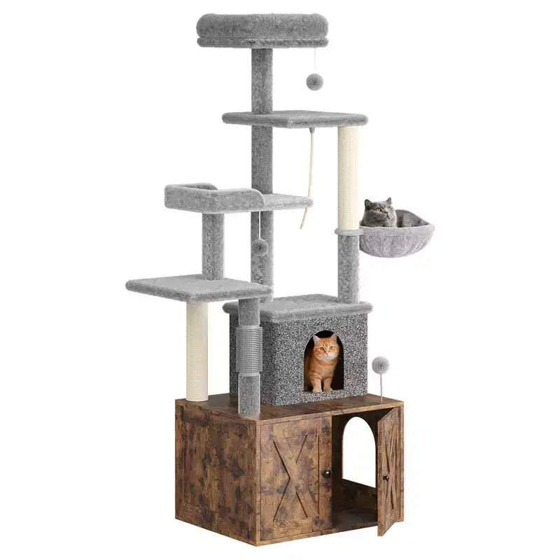 2-in-1 Modern Cat Tree Tower with Litter Box Enclosure, All-in-one Cat Furniture, Hidden Kitty Washroom Wooden House w/Hammock & Scratching Posts