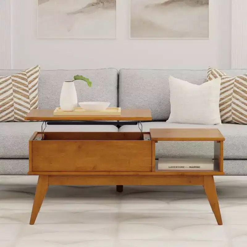 WyndenHall Tierney Lift Top Coffee Table Teak Brown: Modern Mid-Century Storage, Rubberwood Rectangle