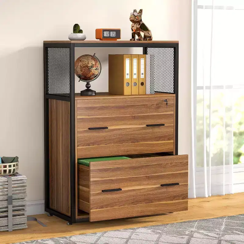 LITTLE TREE 2 Drawer File Cabinet with Lock and Open Storage Shelf Brown