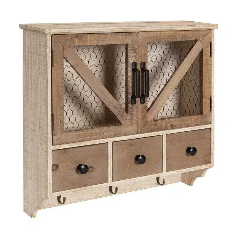 Kate & Laurel All Things Decor Hutchins Decorative Wooden Wall Cabinet with Chicken Wire 2 Door Rustic/White Washed Finish Vintage Storage
