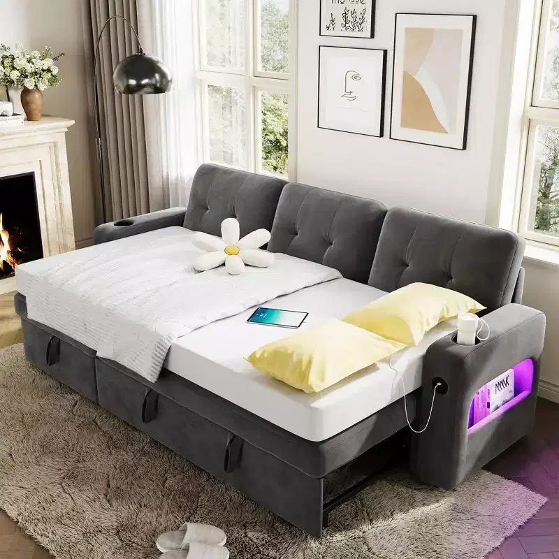 84 Modern Sofa Couch, 3 Seater Upholstered Sleeper Sofa Bed with Pull Out Bed & Storage, Deep Seat Sofa Couch for Living Room Bedroom Apartment
