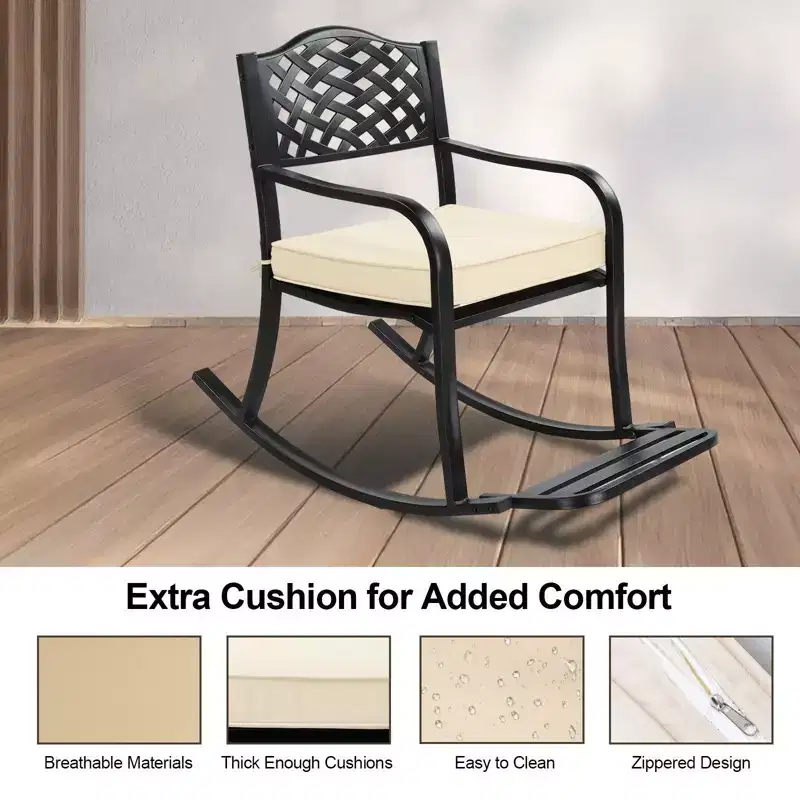 Karl Home | Black Iron Rocking Chair with Mesh Backrest and Off-White Cushion