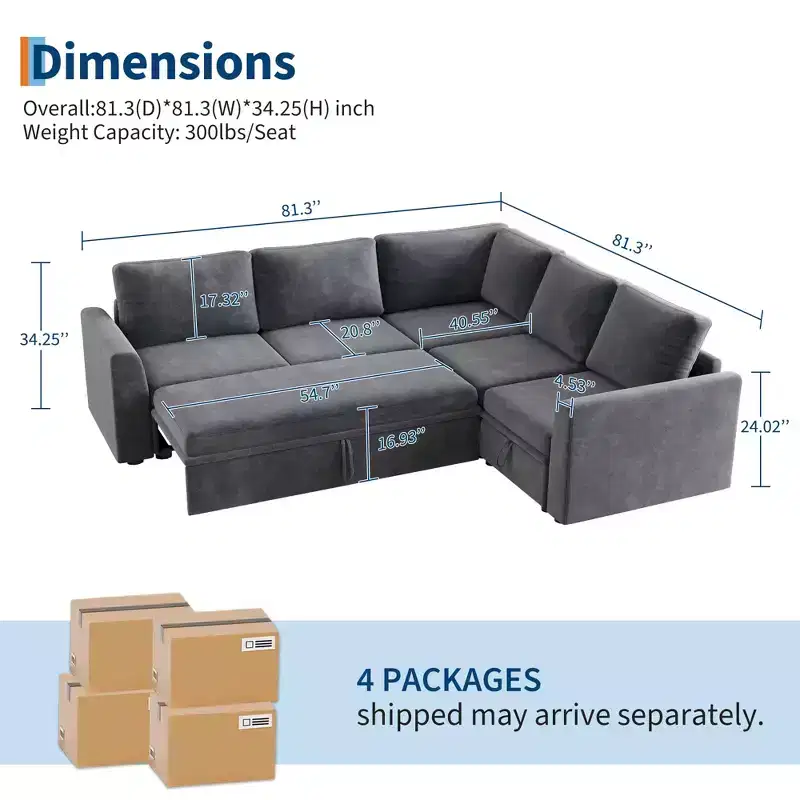 Sectional Sleeper Sofa with Pull Out Bed, Chenille Modular Sectional Couch with Pull Out Couch and Storage Seat & 2 Ottomans, Convertible Couches