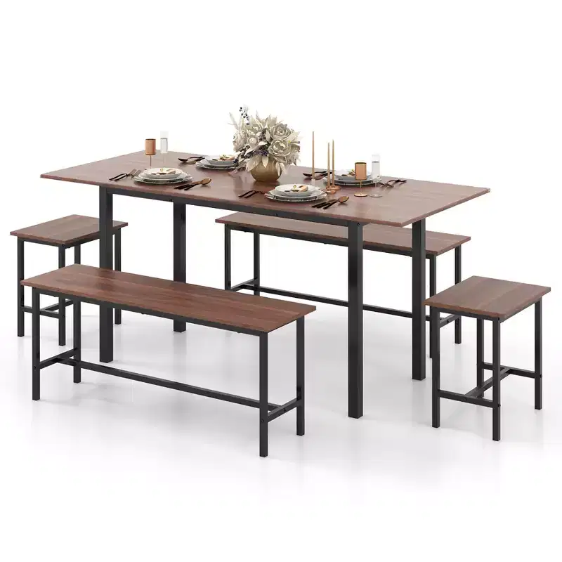 Costway 5 PCS Dining Table Set for 4-6 w/ 2 Benches & 2 Stools Metal Frame Dining Room Walnut