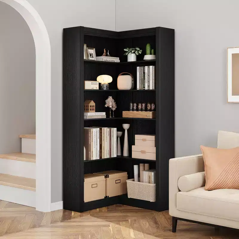 Black/White/Wood/Retro, L-Shaped Corner Bookshelf, 5-Tier, Single