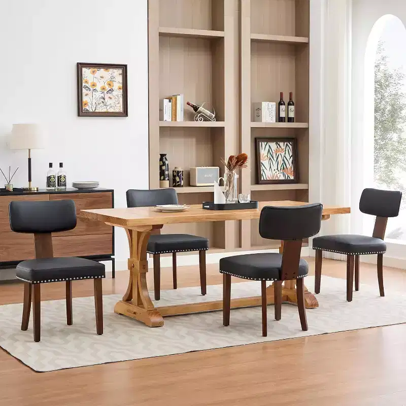 Dining Chairs Black, Modern Leather Kitchen Chairs, Upholstered Side Chairs, Curved Backrest Dining Chairs with Hardwood Frame