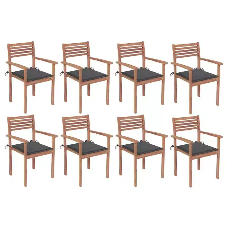 vidaXL Stackable Patio Chairs with Cushions- 8 Pieces, Solid Teak Wood, Suitable for Home, Office, Bar, Caf, Outdoors, Easy Storage, Anthracite
