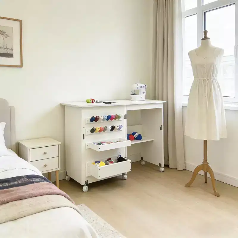 Folding Sewing Table with Wheels, Storage Shelves, Storage Trays, Wooden Pegs for Work and Home