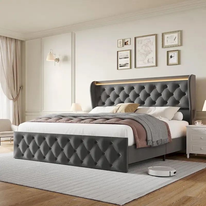 Velvet Upholstered Bed Frame with Wingback Headboard, 4 Storage Drawers, LED Lighting, USB Charging