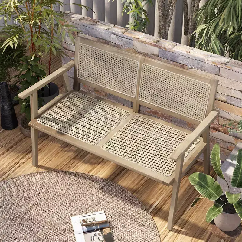 Costway Indonesia Teak Wood Garden Bench 2-Person Bench with Armrests Natural Rattan Backrest & Seat