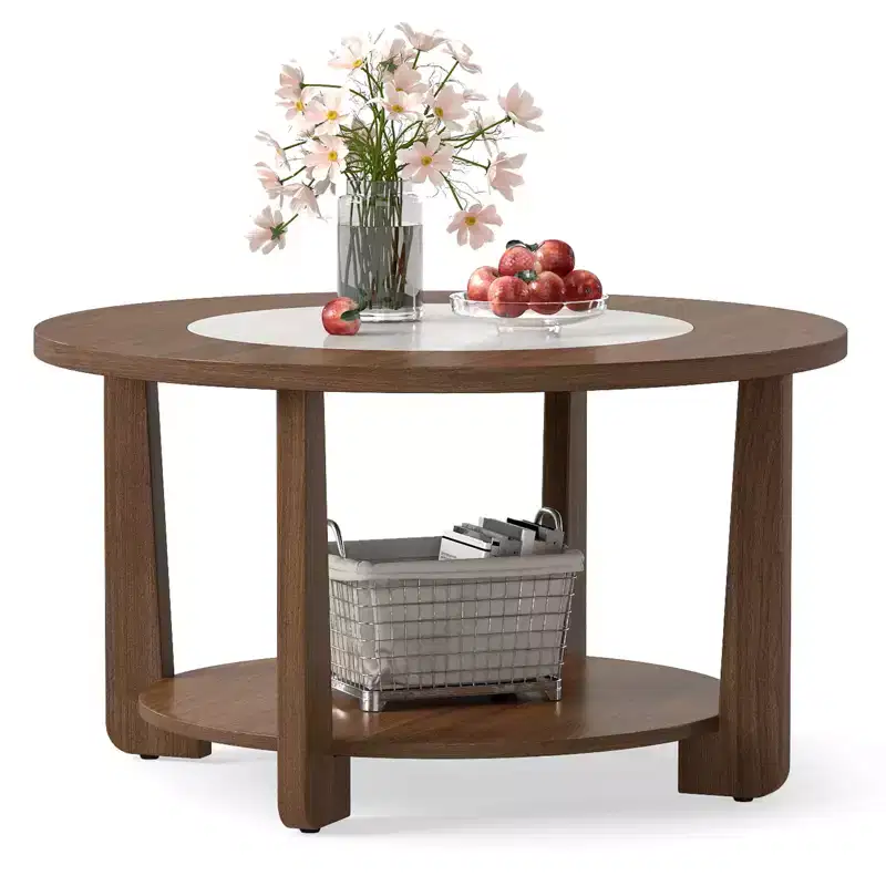 Costway Round Coffee Table w/ 2-Tone Tabletop & Open Storage Shelf Wood Support Legs