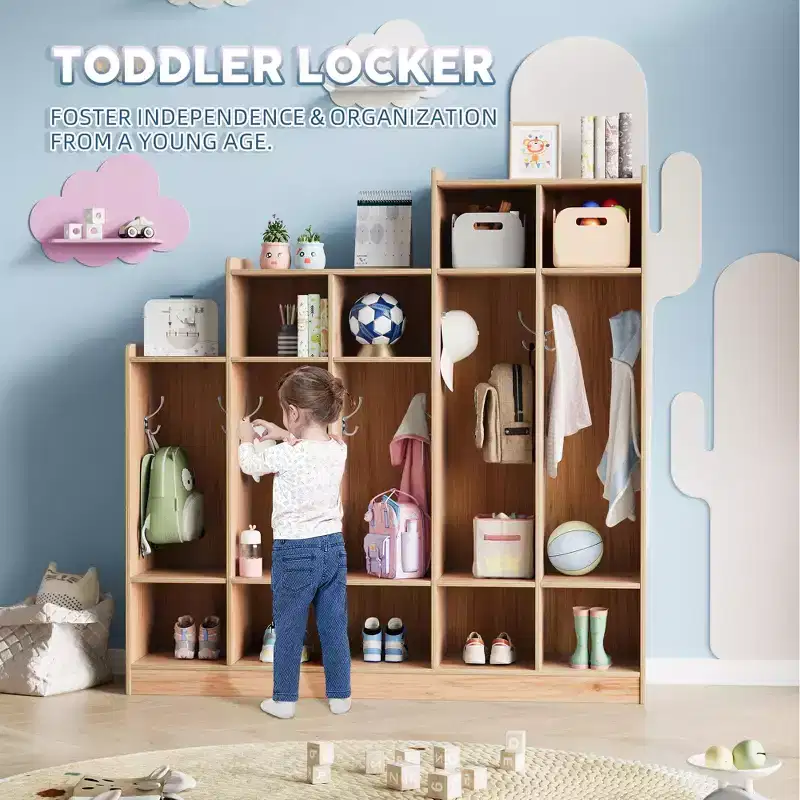 Coat Locker, Kids Organizer - 5-Section with 9 Cubbies, 10 Hooks & Anti-Tip, Durable Wood Storage for Entryway, Bedroom, Playroom
