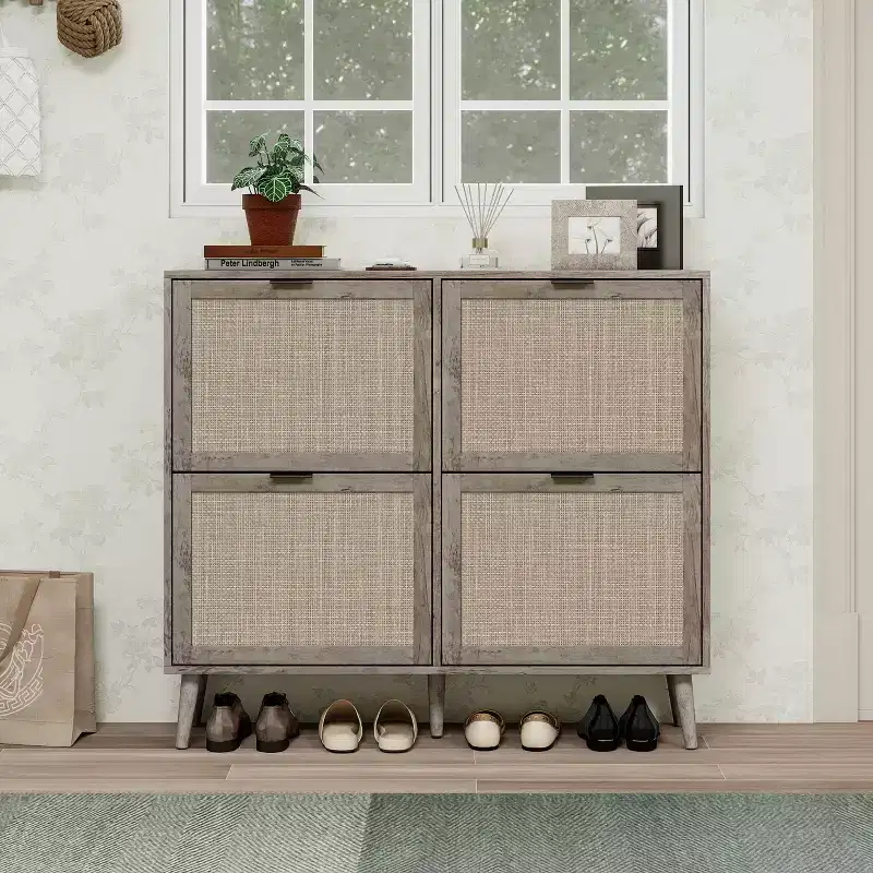 GDFStudio Sophie Farmhouse Wooden Rattan Shoe Rack with 4 Tilt-Out Doors