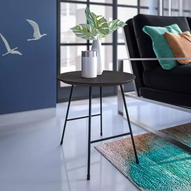 Rossmore Round Wood Veneer Side Table - Black Steel Frame