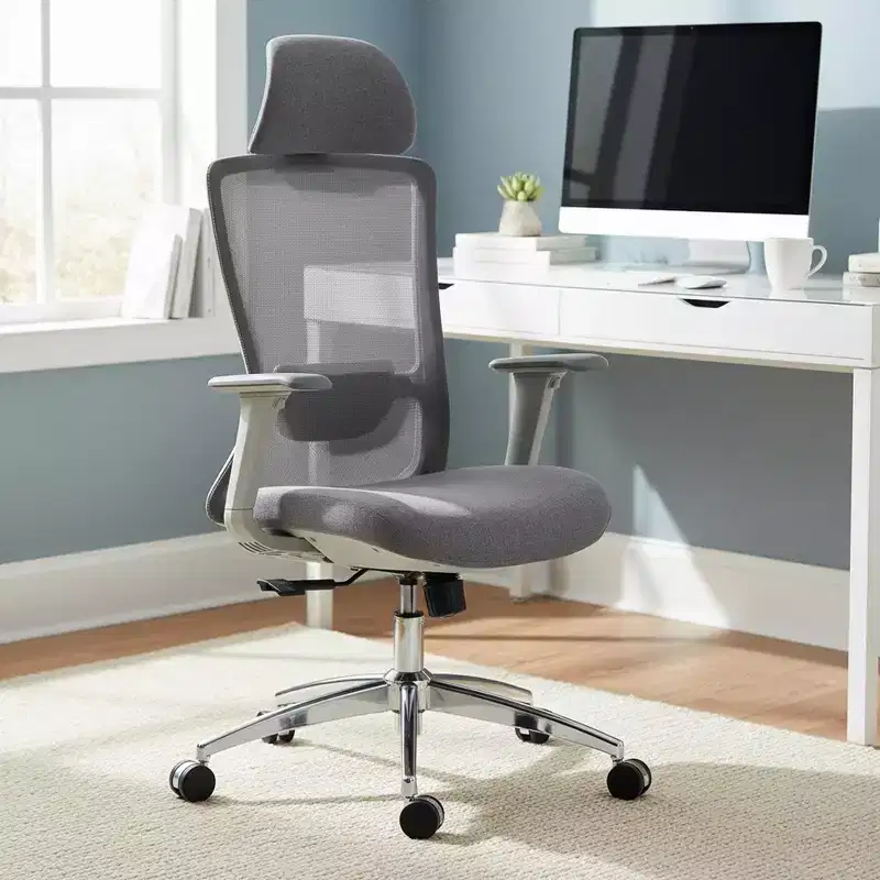 Homy Casa Ergonomic Mesh Executive Office Chair with Adjustable Headrest, 120 Recline and 360 Swivel Chrome Base, Gray