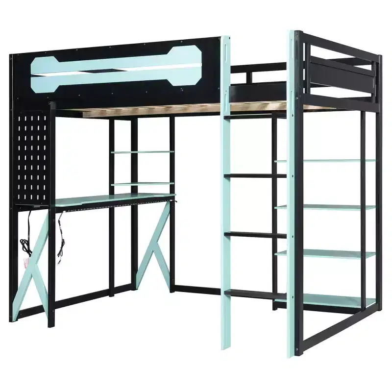 Full Size Wood Loft Bed with Desk, Bookshelf, Charging Station & RGB Light - ModernLuxe