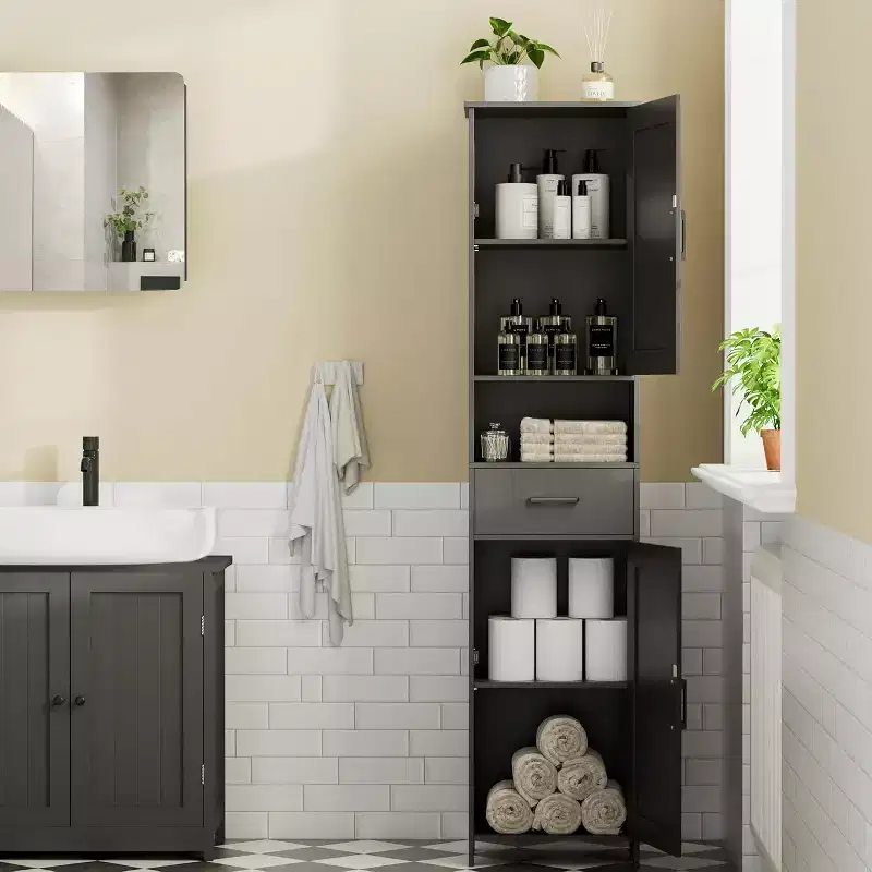 Dcolora 67 H Tall Bathroom Storage Cabinet with 2 Barn Doors and 1 Drawer, Narrow Storage Unit, Adjustable Shelves, Floor Cabinet for Bathroom