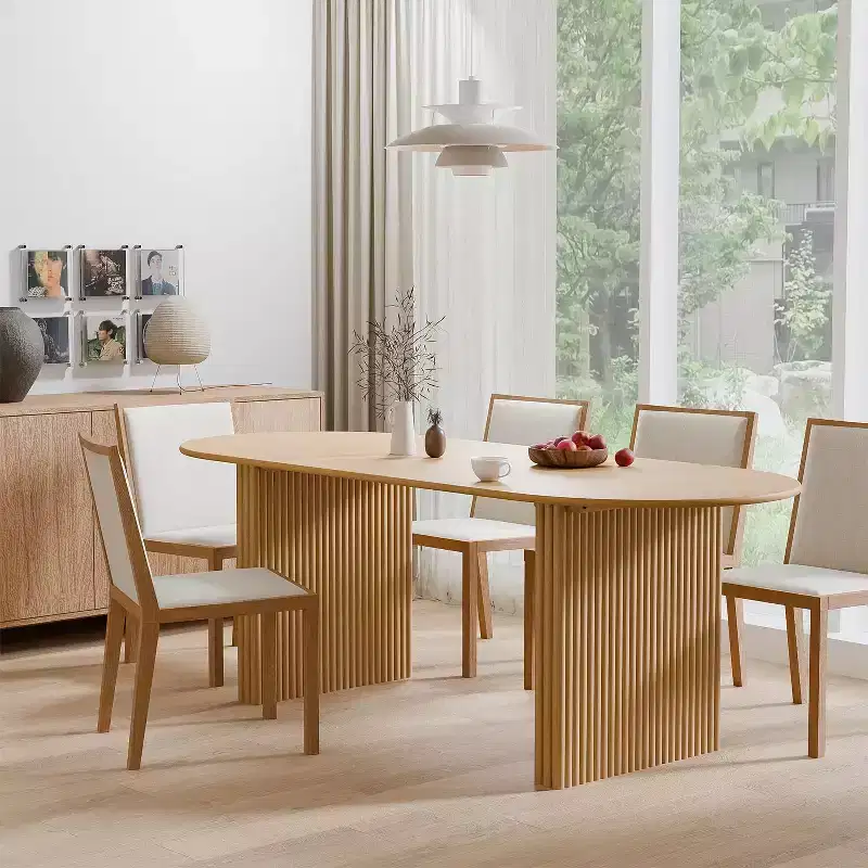 PexFix Large 79 Oval Dining Table Seats 4-6 Modern Farmhouse Kitchen Table with Wood Strip Base for Home Living Room Kitchen Bar in Natural