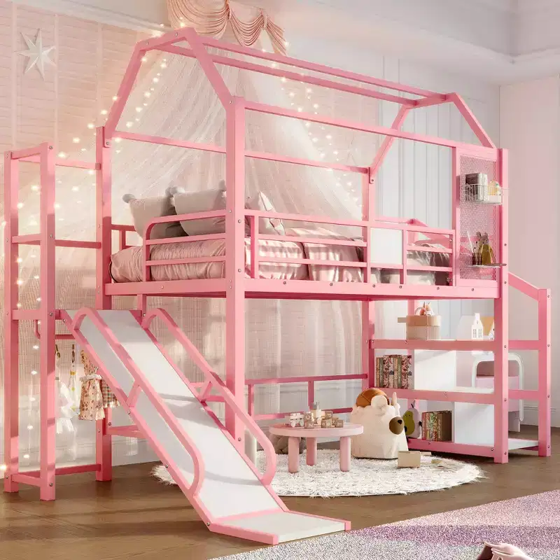 House Loft Bed with Slide and Storage Stairs - Metal Frame for Kids and Teens