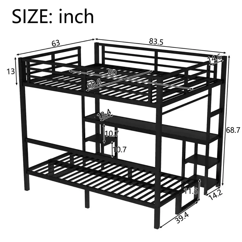 Bellemave Queen Over Twin XL Metal Bunk Bed/Loft Bed with Desk and Shelves,Metal Bunk Bed Frame with LED and USB,Multiple Uses Folds into Sofa, Black