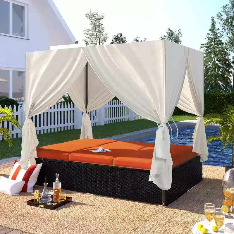 Whisen Patio Wicker Sunbed Daybed with Cushions & Adjustable Seats