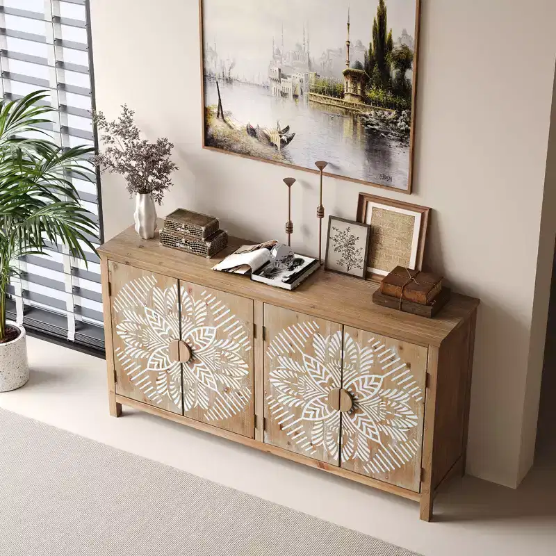 VIYET 60 American Style Wood Accent Cabinet, Antique Brown+White 4-Door Cabinet w/ Adjustable Partitions, Multi-Scene Use
