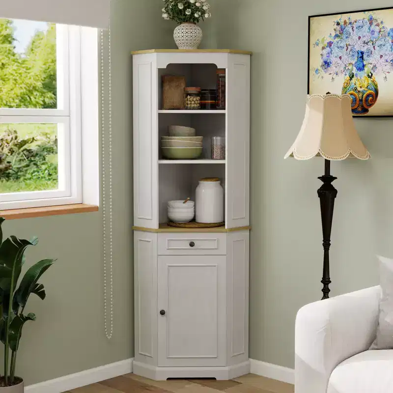 68 Tall Corner Storage Cabinet with Drawer and Adjustable Shelves