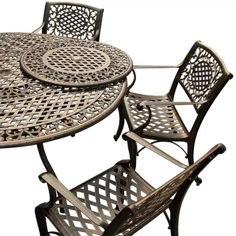 7pc Patio Dining Set with 59" Ornate Traditional Mesh Lattice Aluminum Round Table with Lazy Susan - Bronze - Oakland Living: UV-Resistant