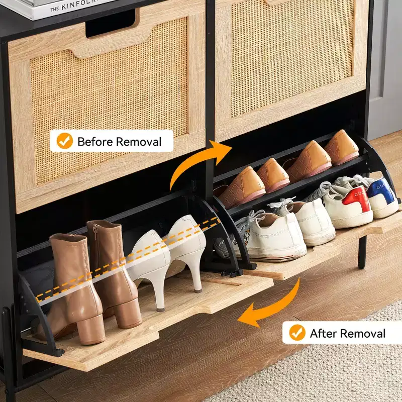 Shoe Cabinet, Natural Rattan Narrow Shoe Storage Organizer Cabinet With 4 Flip Drawers, Freestanding Shoe Rack With Metal Legs for Entryway